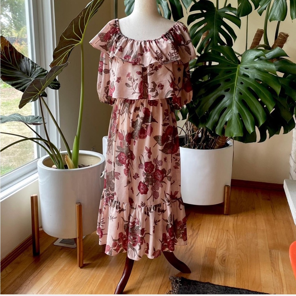 Vintage 70s Wild Honey Pink Floral Ruffle Mushroom Botanical Midi Dress
